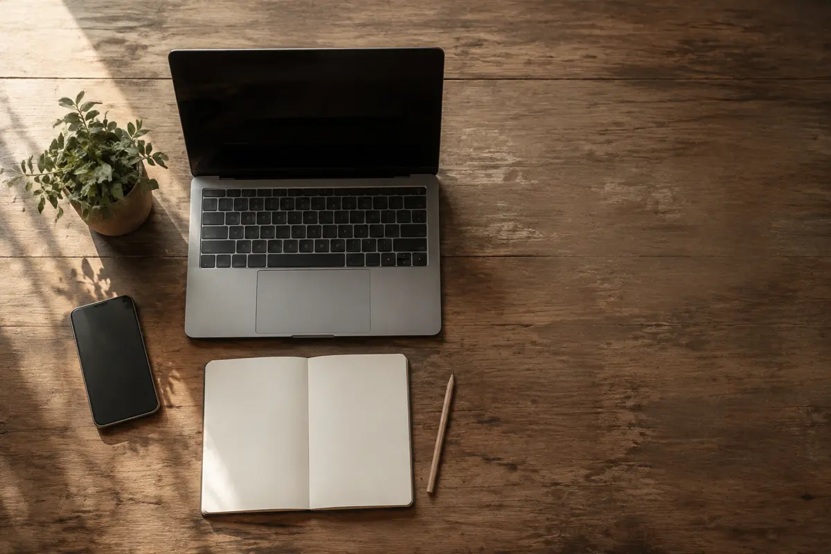 Una laptop y un celular apagados sobre una mesa de madera, junto a un cuaderno abierto y una planta, con luz de ventana