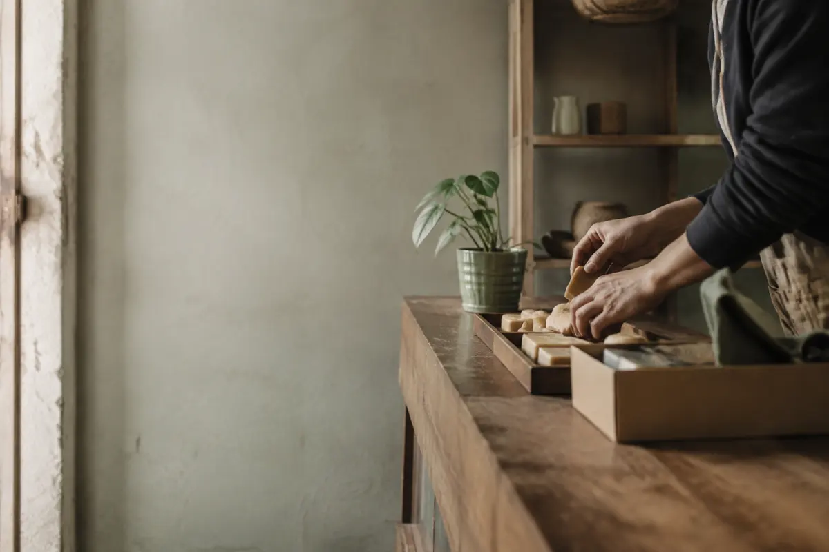 Las manos de alguien acomodando productos sobre el mostrador de madera de un negocio pequeño, con luz de ventana